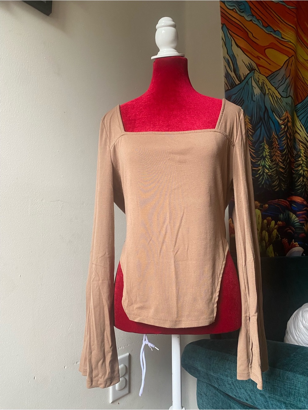 SHEIN Women's Square Neck Long Sleeve Top in Beige